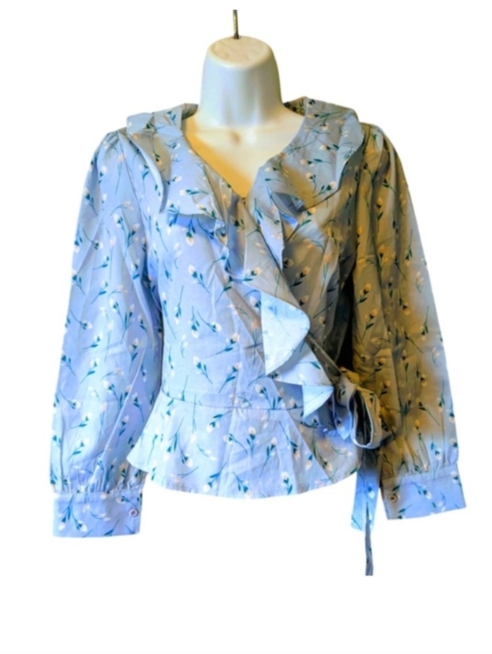 NWT Grace & Chili Powder Blue Long Sleeve Wrap Blouse Ruffled Sailor Collar Sz.S